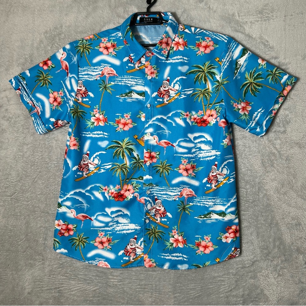 SSLR Shirt Mens‎ Large Blue Hawaiian Santa Surf Island Beach Floral Party Palms